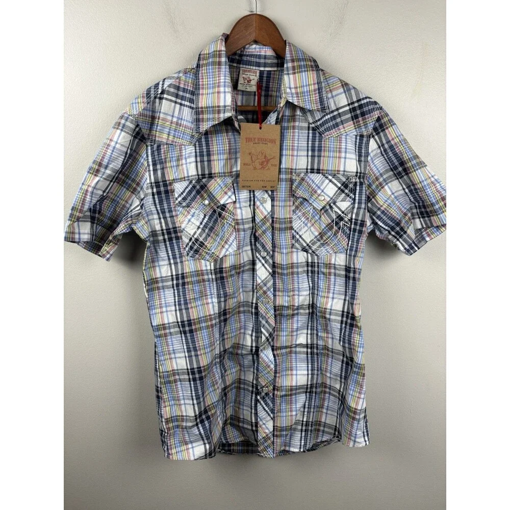 NWT True Religion Youth Western Plaid Short Sleeve Snap Button Shirt XL